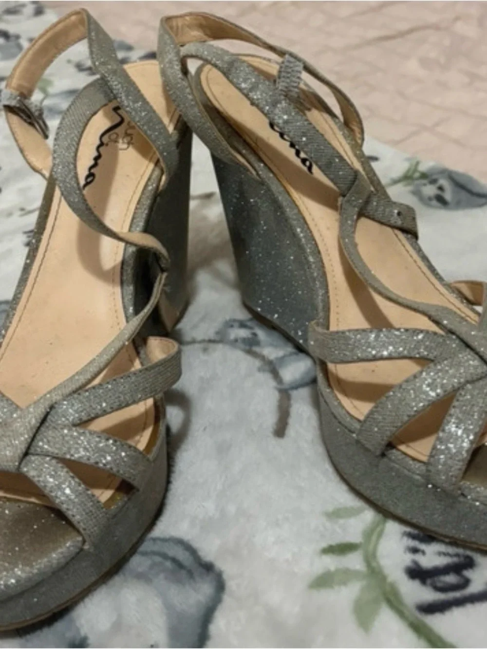 Nina Silver Glitter Strappy Wedge Sandals